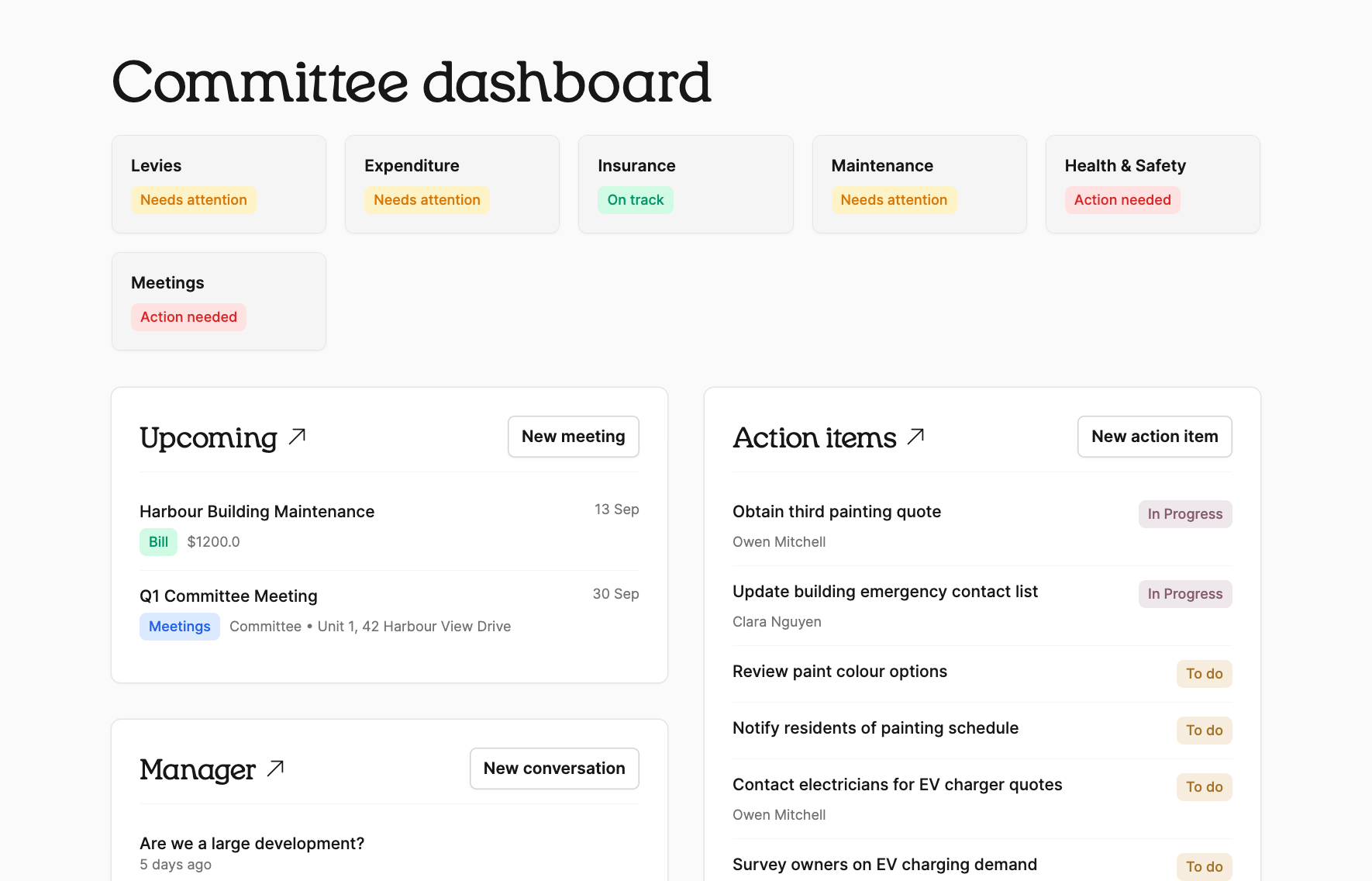 A committee dashboard in Quarter