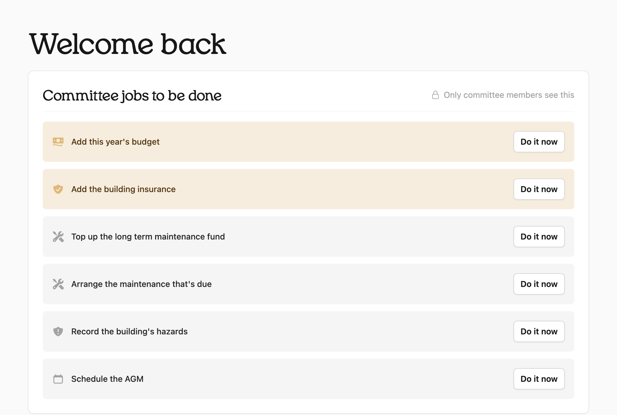 The Home page, with Committee jobs to be done listing six jobs, each with a Do it now button